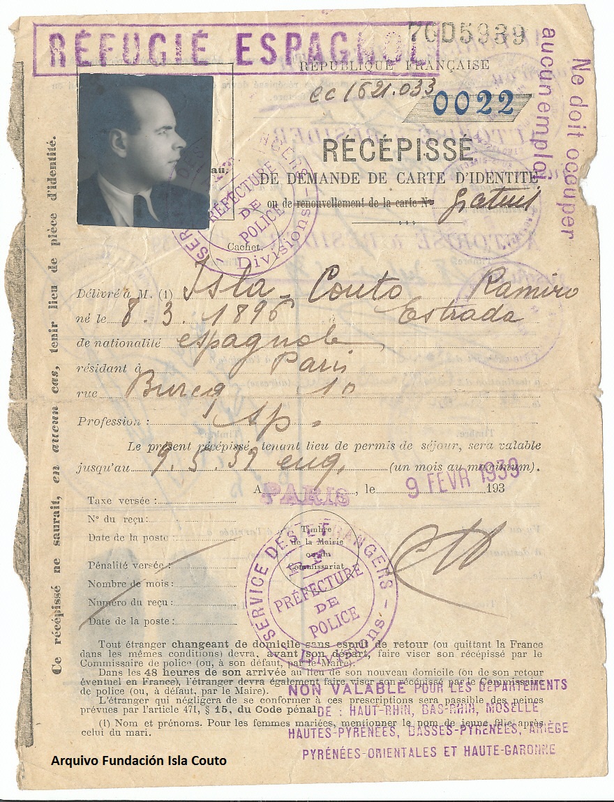 Carné de refuxiado de Ramiro Isla Couto, 1939